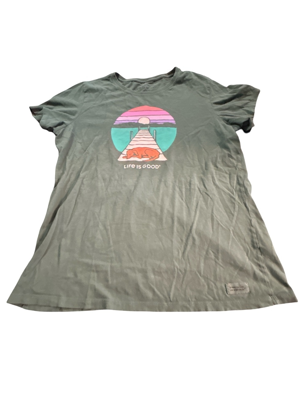 Life Is Good Green Short Sleeve Tee with Sunset Pier & Dog Graphic